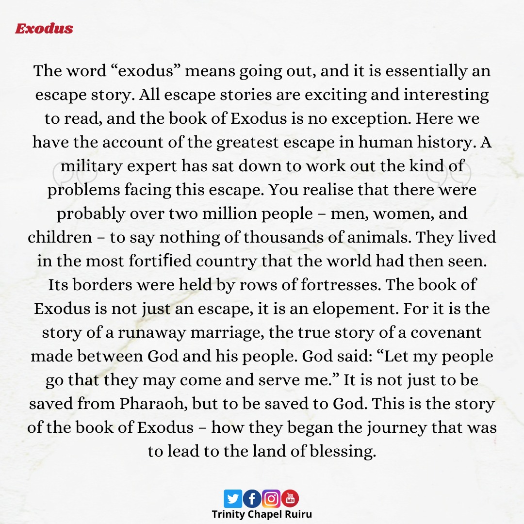 tcruiru's tweet photo. Have you read the Exodus? Well, here are some interesting facts:
1. It has 40 chapters
2. Moses is the author
3. God discloses His identity here
4. Holy communion is drawn from the pattern of Exodus
5. Egyptians were descendants of Ham the son of Noah
#GrowingDeep
#ReadingWide https://t.co/YFnLrJKtg8