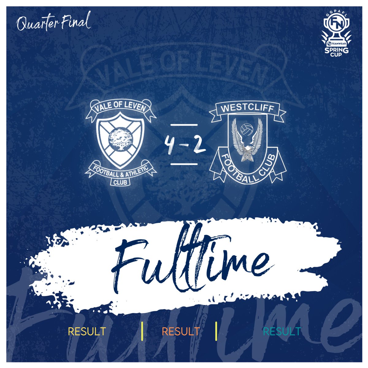 Match Result 

<a href="/GGPAFL/">Greater Glasgow Premier AFL</a> Spring Cup 

Vale of Leven AFC 4-2 <a href="/westcliff_fc/">Westcliff Afc</a>  

Goals
Bryan Dornan
Ryan Neill X2
<a href="/Scoob2388/">Ross Davies</a>  

We now face <a href="/AfcNewshot/">NewshotAFC</a> in the semi final next Wednesday venue and kick off time tbc.