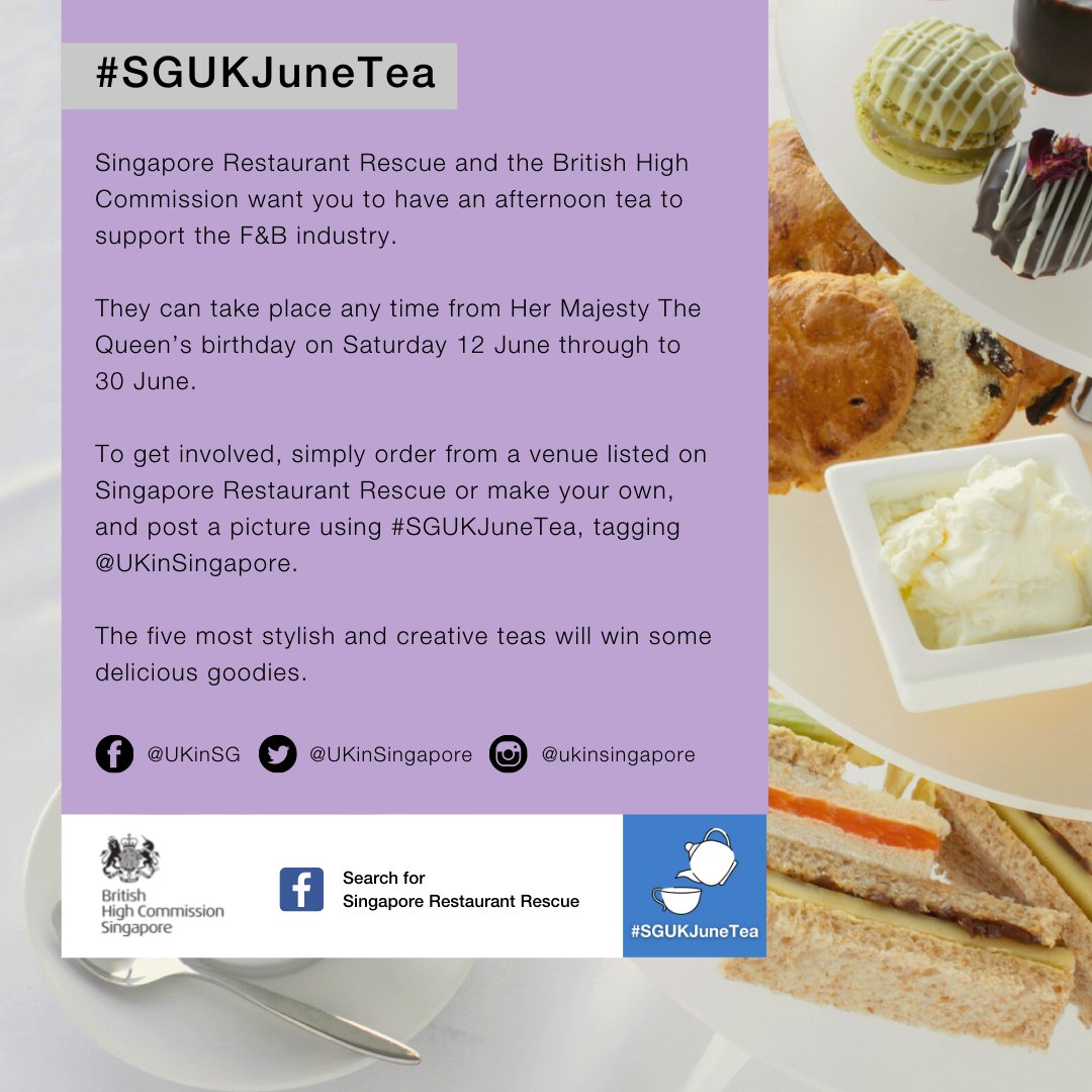 UKinSingapore's tweet photo. To mark The Queen's Birthday this June, we'd like you to share your teatime moments with us. 

Make your own or order from Singapore Restaurant Rescue to support the food industry and possibly win delicious goodies. Scroll through the images on how to join. #SGUKJuneTea https://t.co/gUtpcRJokj