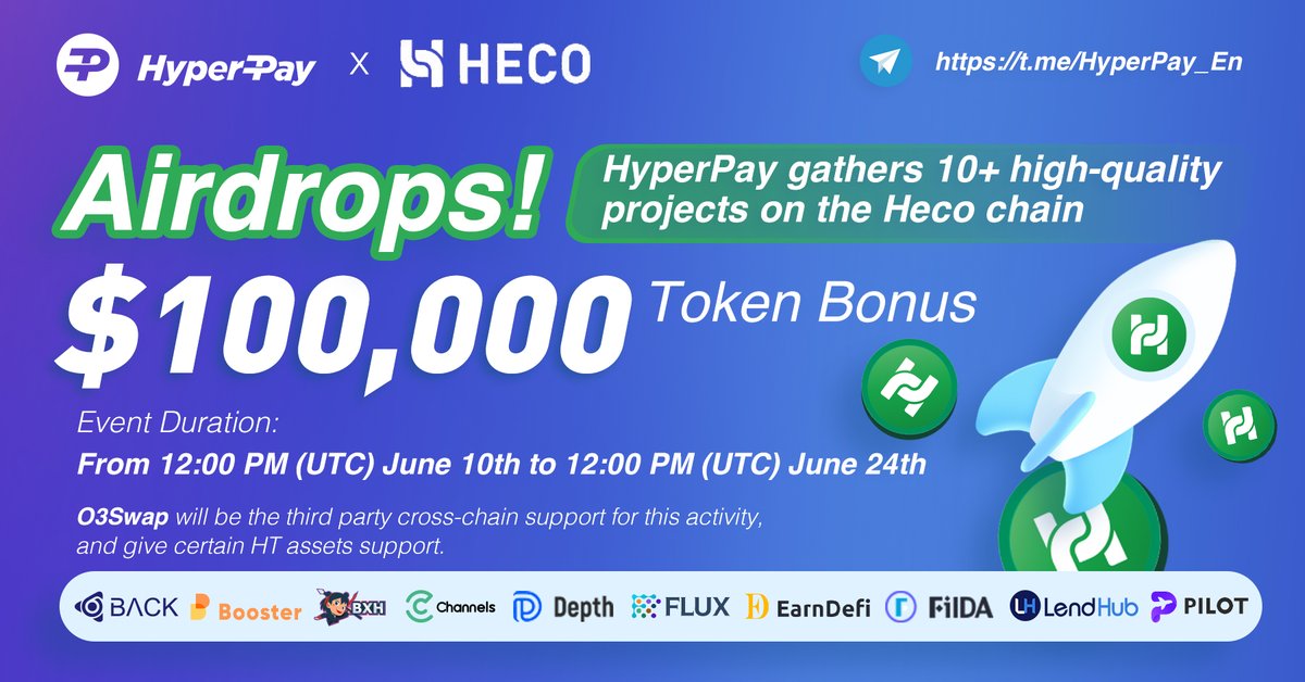 Hpx_Official's tweet photo. HyperPay gathers 10+ high-quality projects on @HECO_Chain to launch a $100,000 token airdrop campaign. 👏👏 

Refer to the article for details: https://t.co/JwRgATbqkG https://t.co/fJobMz6u8w