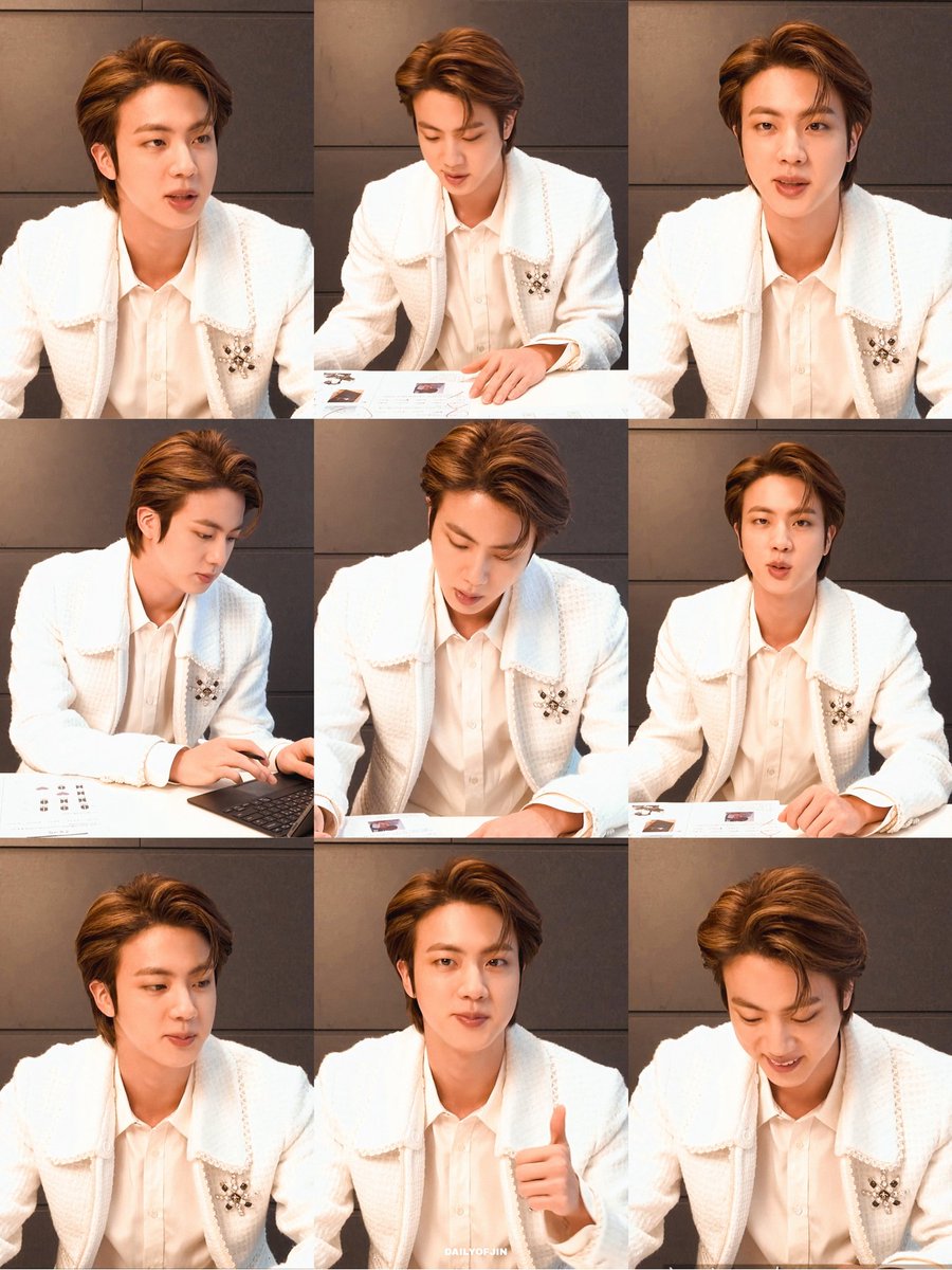 dailyofjin's tweet photo. kim seokjin in exposed forehead and white suit https://t.co/fdEy7xBC1N