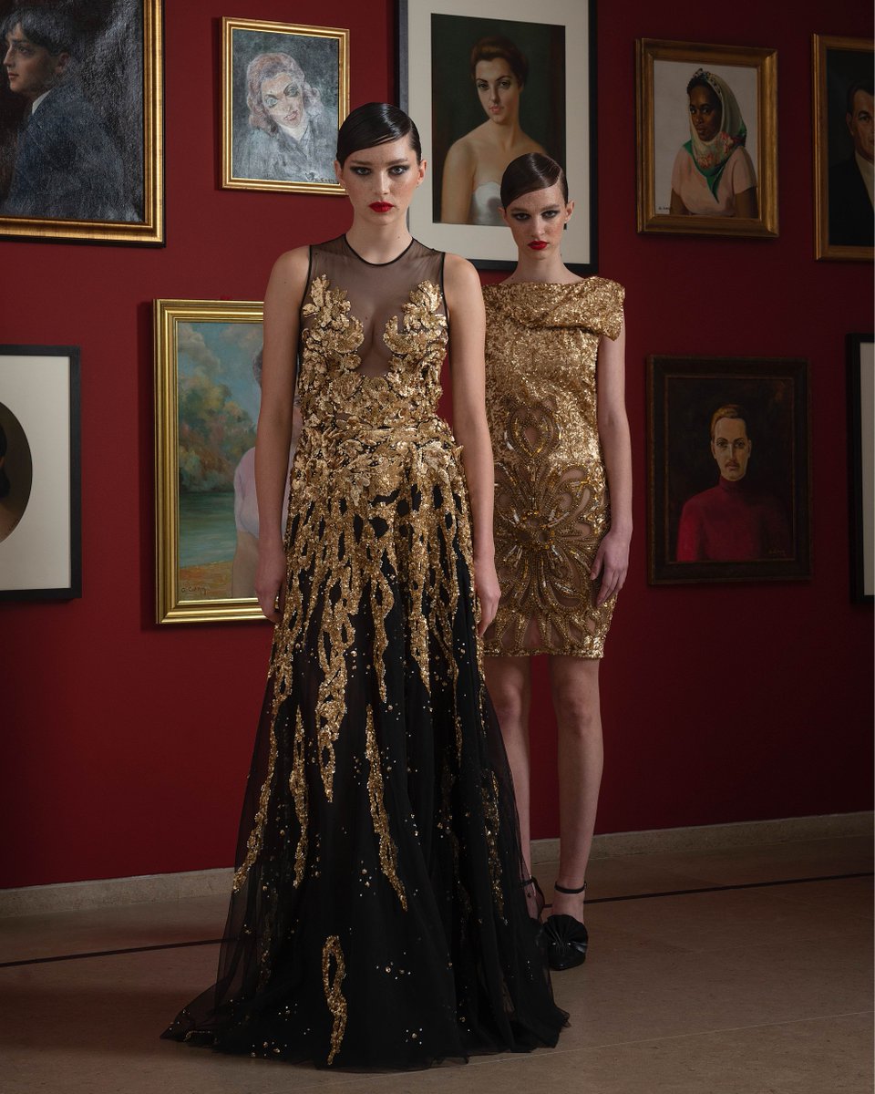 DanyAtrache's tweet photo. DANY ATRACHE “A day at the Museum” Couture collection.
Duo of a sexy mini dress all over embroidered in gold paillettes &amp; Swarovski crystals and long gold &amp; black handmade fully embroidered dress.

#DanyAtrache #CoutureDress #GoldDress #Swarovski #CoutureCollection #Embroidery https://t.co/kNnoj847lB