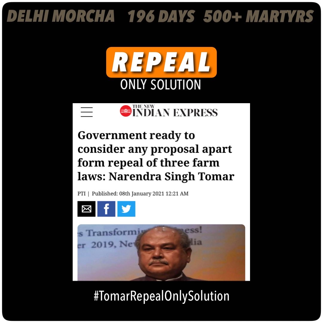 LaddiGi22047615's tweet photo. #TomarRepealOnlySolution
We don't wanna only talk @nstomar as we know you are speaking the bullshit of corporaters Ambani and Adani. Make a permanently solution by implementing MSP and cancel these black laws. https://t.co/N7mNTINExq