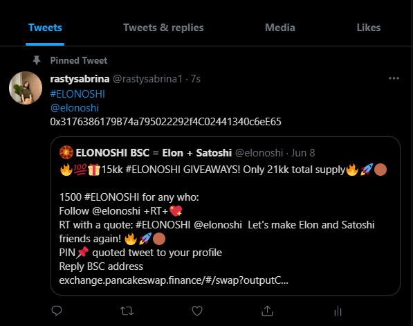 rastysabrina1's tweet photo. @elonoshi 0x3176386179B74a795022292f4C02441340c6eE65 https://t.co/6ctfwEBz74