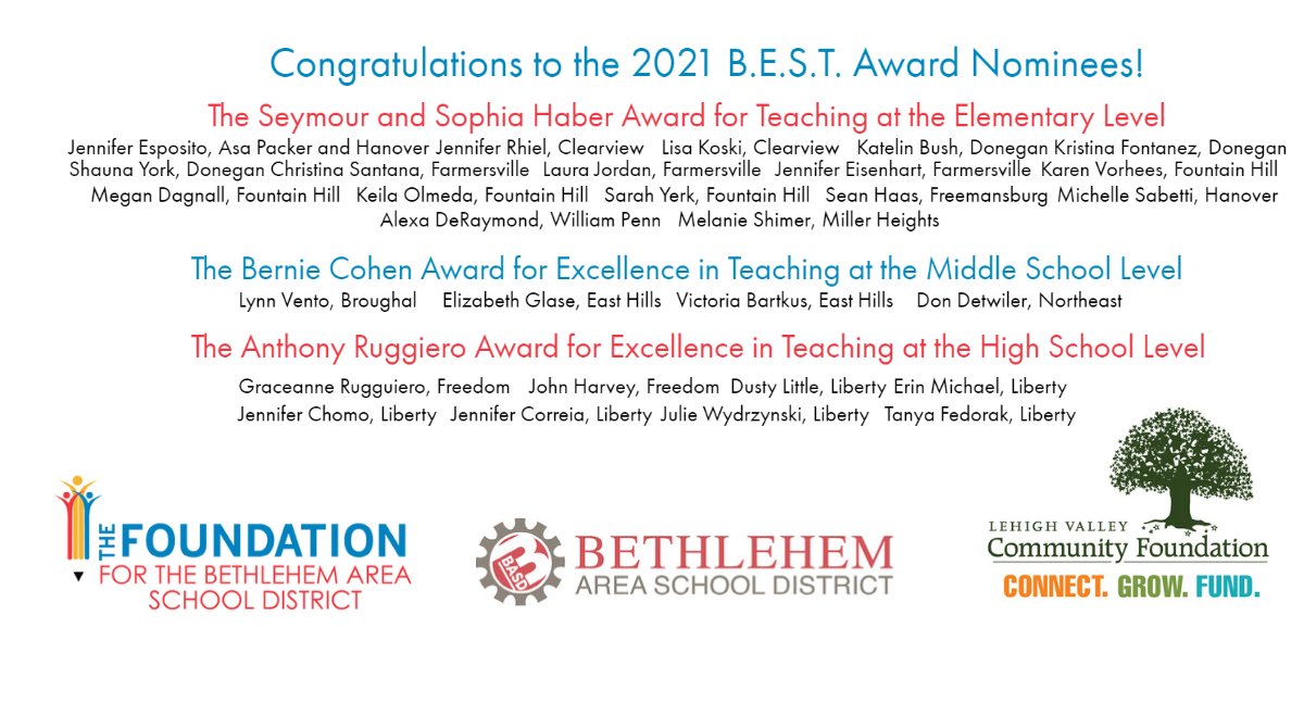 FoundationBASD's tweet photo. Congratulations to the 2021 B.E.S.T. Award Nominees! Winners will be announced Thursday morning.
@BethlehemAreaSD @LVCFoundation https://t.co/DEYO5CUSz3