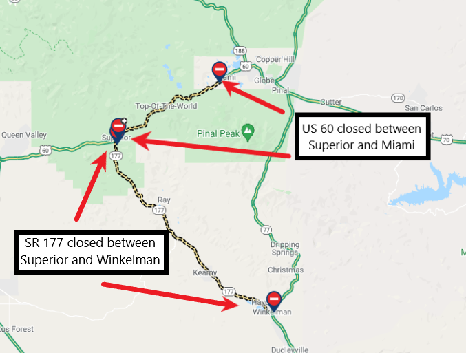 ArizonaDOT's tweet image. * WILDFIRE-CLOSURE REMINDER *
#TelegraphFire and/or #MescalFire:
▸ US 60: Superior to Miami;
▸ SR 177: Superior to Winkelman.
#SlateFire:
▸ US 180: MP 235-248 north of Flagstaff

Check your route before heading out with AZ 511 &amp;amp; ADOT Alerts apps: bit.ly/3xDbYo6