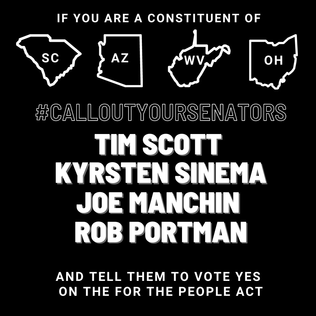 No matter our color, party, or zip code, our voices and our votes count. @SenatorSinema @JoeManchinWV @SenatorTimScott @senrobportman can make that happen. If you live in AZ, WV, SC or OH #CallOutYourSenators. Tell them VOTE YES on the #ForThePeopleAct go2vote.org