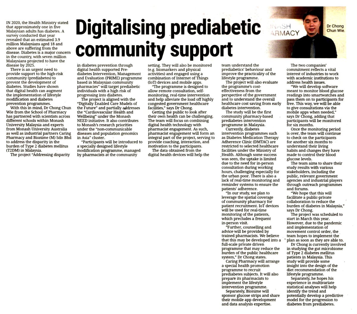 More fantastic work in #DigitalHealth by Dr Chong Chun Wie and his team at Monash Malaysia, working to improve #diabetesprevention.