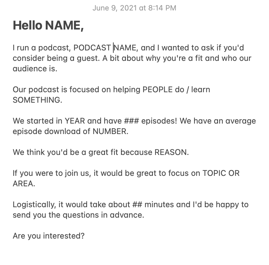 sarahdoody's tweet photo. Dear Podcasters π€
Learn how to pitch guests. Don't just email someone and say "would you like to be on my podcast?"
Please see this attached free pitch outreach template I just wrote for you all ... in about 3 minutes.
You're welcome.
#podcasts #marketing #basiclifeskills https://t.co/ypOpamTEHx