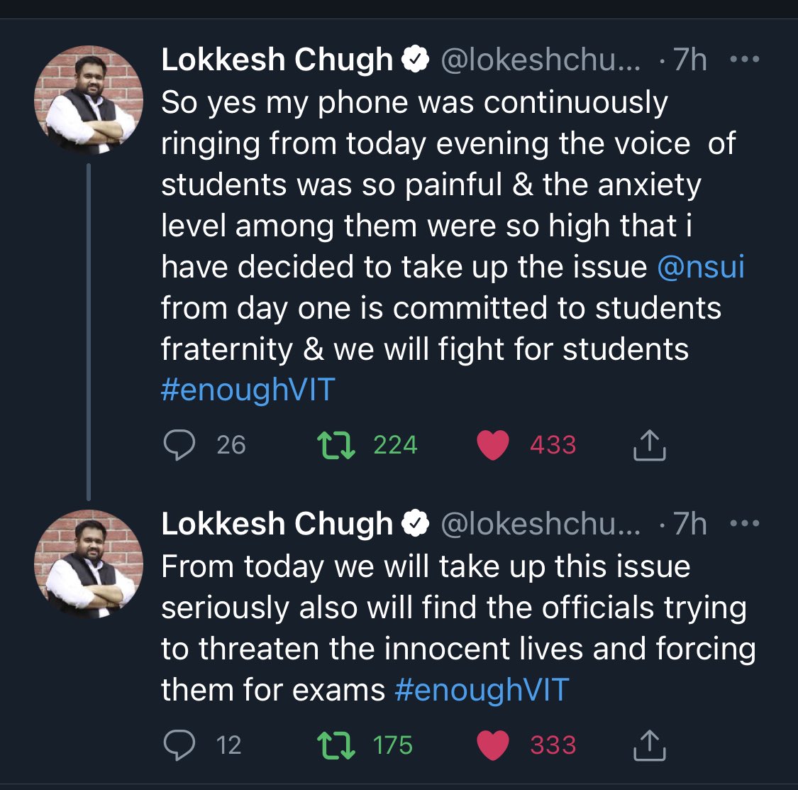 AyushAg15880529's tweet photo. This is Power of Students…..
Happy to see someone is caring about the lives of students and understanding the mental situation of us..
#enoughVIT https://t.co/IHDhM0lq57