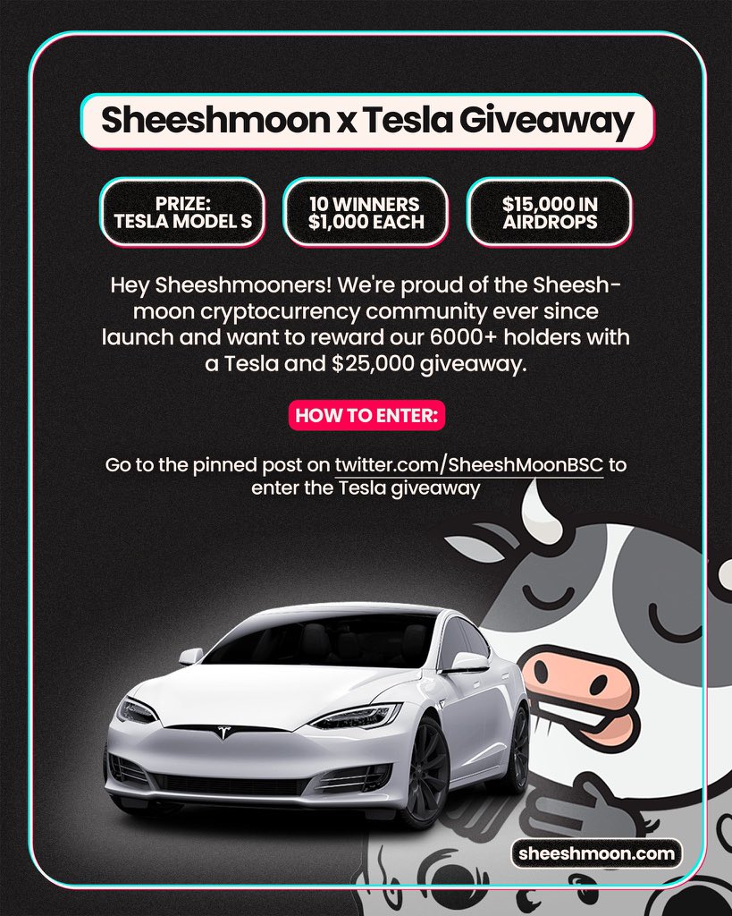 buysheeshmoon's tweet photo. Idk what’s going on with the bruins, but @SheeshMoonBSC is giving away a Tesla and $25,000 in SheeshMoon crypto airdrops! Like, RT, reply to this post to increase your chances.

CLICK THIS LINK TO ENTER: https://t.co/yjsRq6KAvW https://t.co/o7EmmvPYol