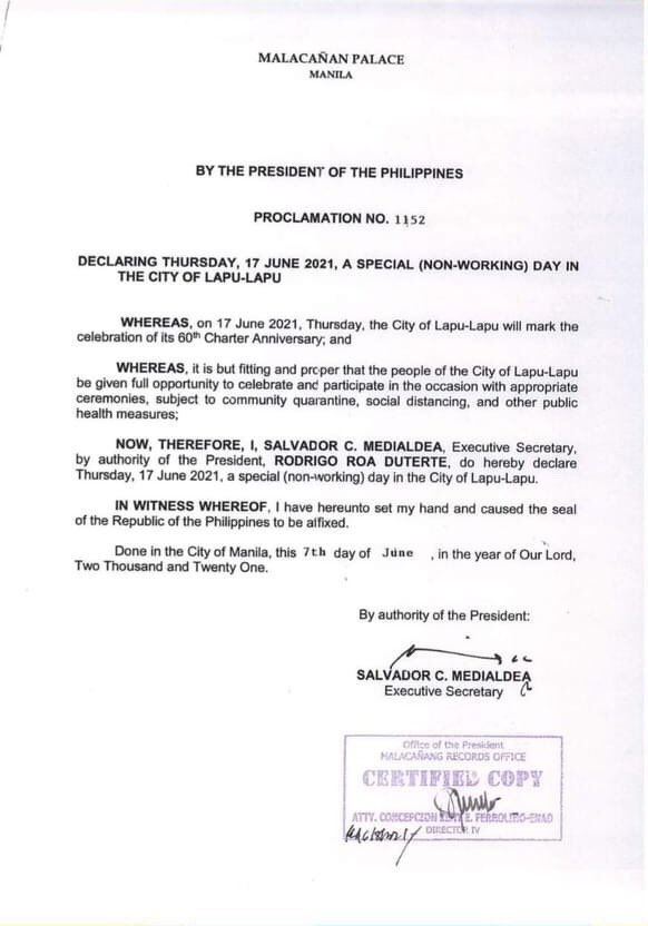 Cdn Digital Look Malacanang Declares June 17 21 Thursday As A Special Non Working Holiday In Lapu Lapu City As The City Celebrates Its 60th Charter Day Anniversary Via Futch Anthony Cdn Digital Look Malacanang Declares June 17 21 Thursday As A Special Non Working Holiday In Lapu Lapu City As The City Celebrates Its 60th Charter Day Anniversary Via Futch Anthony