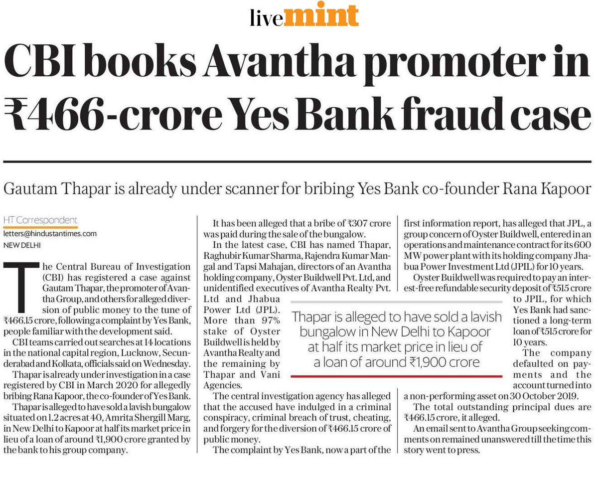 Sadafsayeed's tweet photo. CBI books #Avantha promoters Gautam Thapar in ₹466 crore #YesBank fraud.
#RanaKapoor personally benefited from this deal by acquiring a prime Lutyens property at discount. Meanwhile some ppl were advocating that to rescue #YBL Rana should be given control once again. 🤷🏼♂️🙄 https://t.co/OvuHOuhu5r