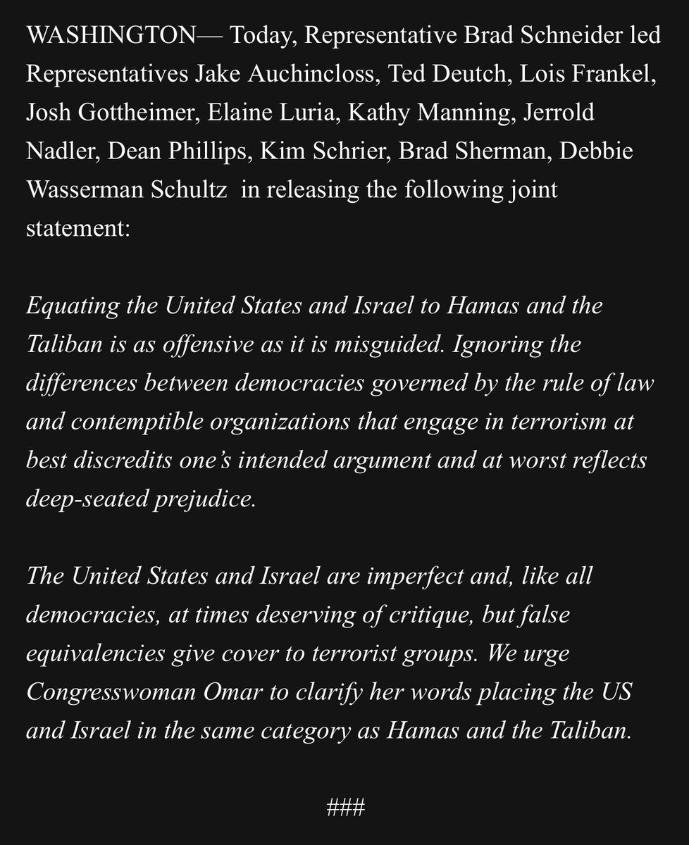 AndrewDesiderio's tweet image. Group of House Democrats is out with a statement tonight condemning Ilhan Omar’s recent comments, saying they “give cover to terrorist groups.”