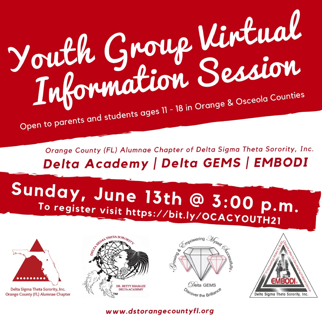 OCACFLDST's tweet image. We are excited to host the Orange County (FL) Alumnae Chapter of Delta Sigma Theta, Youth Group Virtual Information Session on Sunday, June 13, 2020 at 3:00 p.m.⁣

 Register at bit.ly/OCACYOUTH⁣21
⁣
#OCACDST #DeltaAcademy #DeltaGEMS #EMBODI