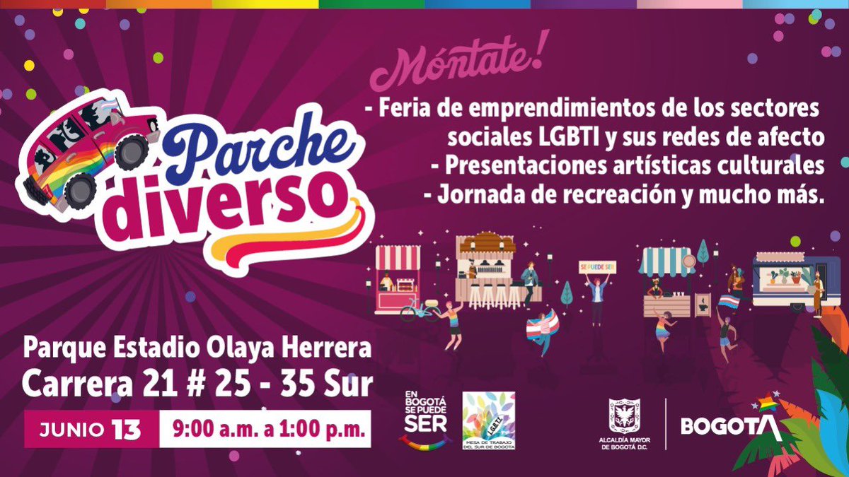 SePuedeSer's tweet photo. Nuestro #OrgulloBogota se vive con solidaridad y alegría. 🎉🏳️‍🌈🏳️‍⚧️

Este sábado acompañemos a organizaciones y emprendimientos #LGBT en el #ParcheDiverso previo a la #MarchaDelSur @mesalgbtisurbta 

#orgullo https://t.co/SqcNaXONFD