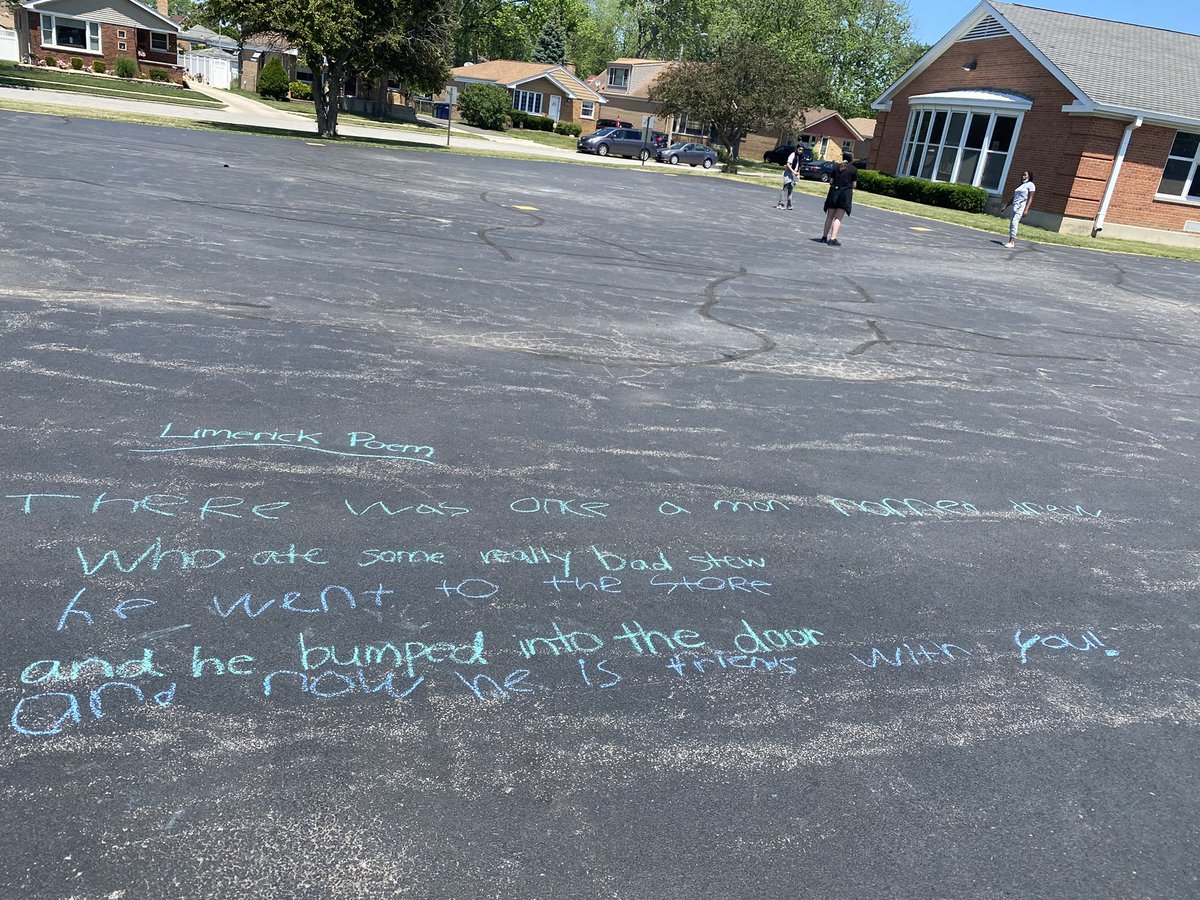 MsDGuzman's tweet photo. We had so much fun learning how to write limerick poems in class today. One student asked to write their poem with chalk today during mask break! ✏️ https://t.co/xsanETSm66