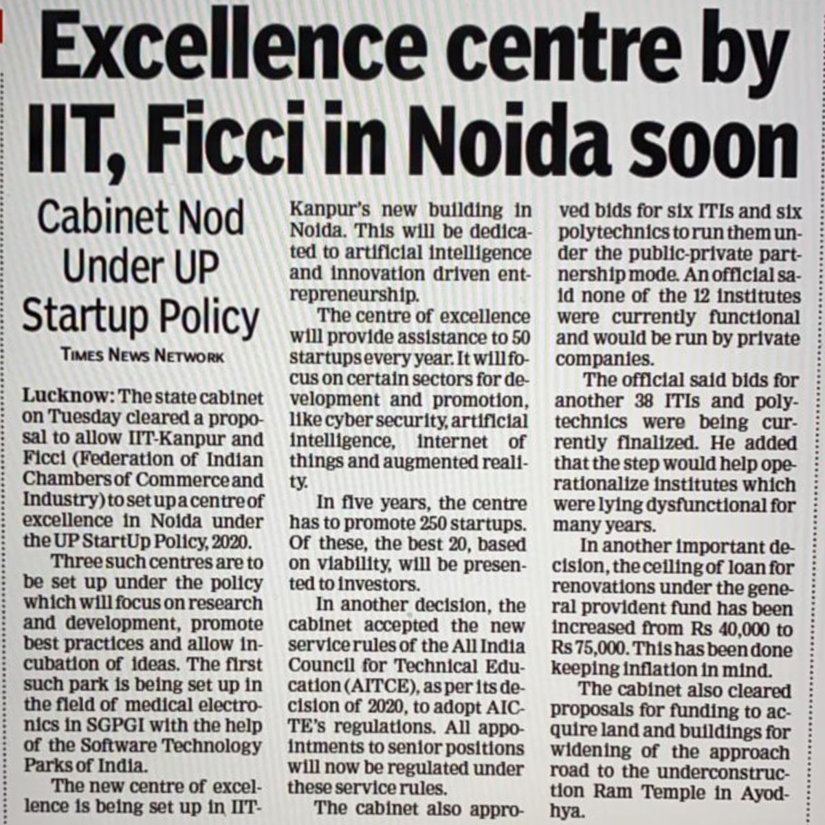 ipankajsri's tweet image. #UPGovt has approved setting up Centre of Excellence in Artificial Intelligence &amp;amp; Innovation-Driven Entrepreneurship (AIIDE) at the Noida outreach campus of @IITKanpur in collaboration with  @ficci_india 
#AIIDE
#IITKanpur