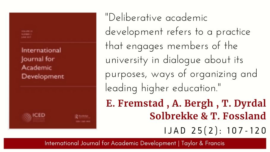IntlJourAcadDev's tweet photo. 'Deliberative academic development: the potential and challenge of agency', by Ester Fremstad , Andreas Bergh , Tone Dyrdal Solbrekke &amp; @TrineFossland - IJAD 25(2), 2020 - https://t.co/ONs1ICM1hq https://t.co/spqYIL0Fju