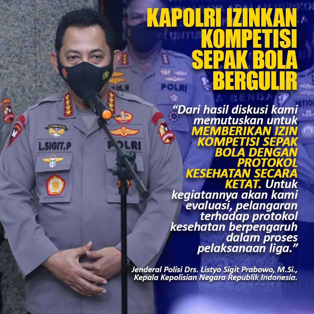 PolsekNgrayun's tweet photo. Dari hasil diskusi Polri memutuskan untuk memberi izin penyelenggaraan kompetisi sepak bola dengan protokol kesehatan yang ketat
#Liga1PatuhiProkes
Kompetisi Jaga 5M @polisijatim1 https://t.co/Cxtig6mhX4