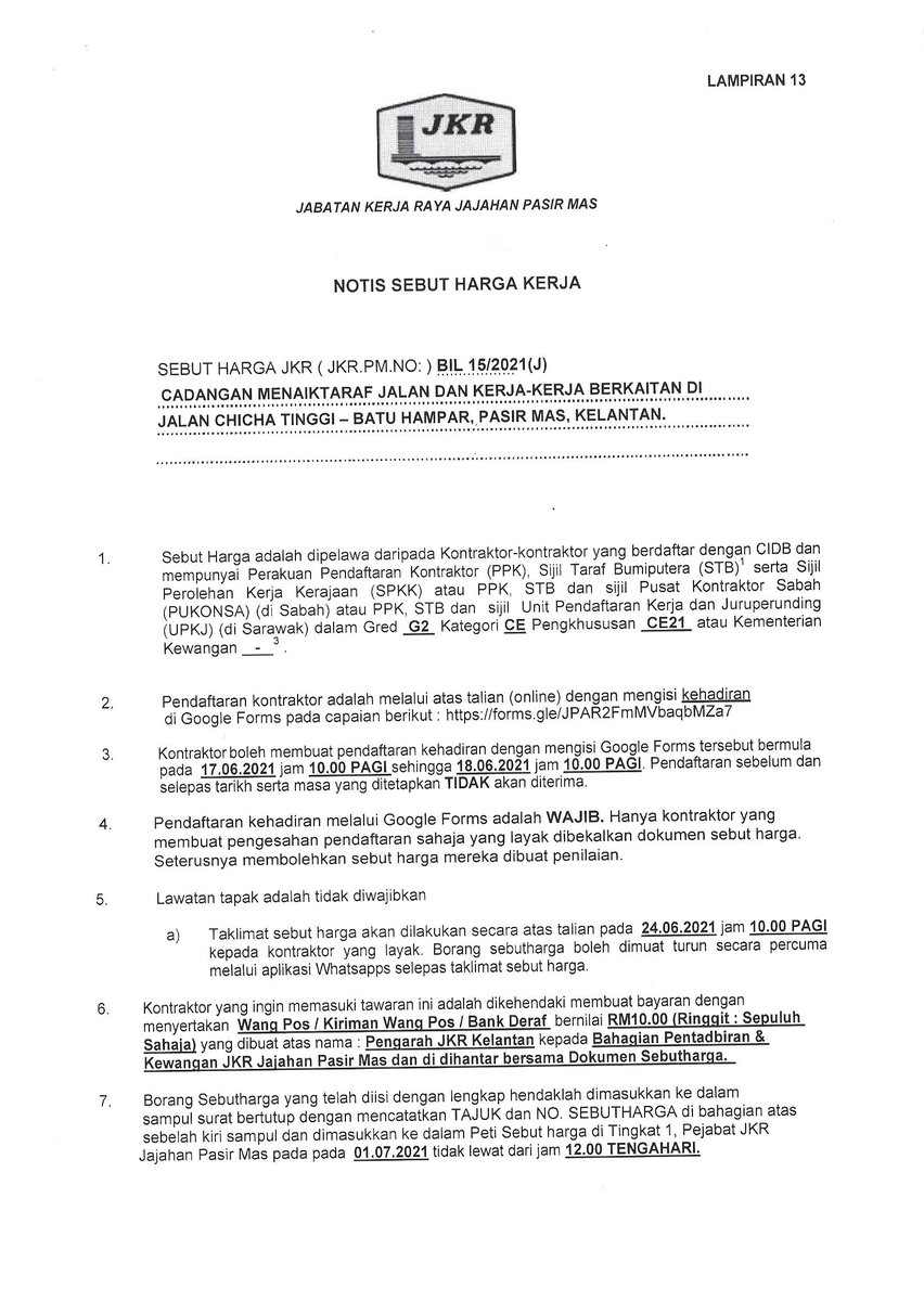 JKR_PASIR_MAS's tweet photo. Notis Sebutharga 15/2021 (G2) 
https://t.co/5f924ZSLQ3
Pendaftaran kehadiran dengan mengisi google form pada 17 Jun 2021 Jam 10.00 pagi sehingga 18 Jun 2021 Jam 10.00 pagi Jabatan Kerja Raya Negeri Kelantan @MOWorks @JKRMalaysia @JKRKelantan https://t.co/PiYLBiMP60
