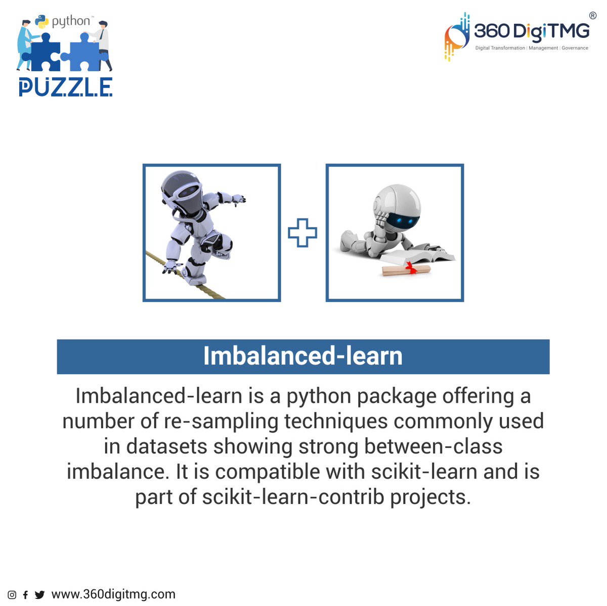 360digitmg's tweet image. Imbalanced-learn is the answer. Hit the 'Like' button if you answered correctly.
#python #pythonpackages #pythonlibraries #datasets #scikitlearn #datascience #puzzlechallenge #GuessTheWord #dataanalytics #datascienceusingpython #machinelearning #deeplearning #360DigiTMG