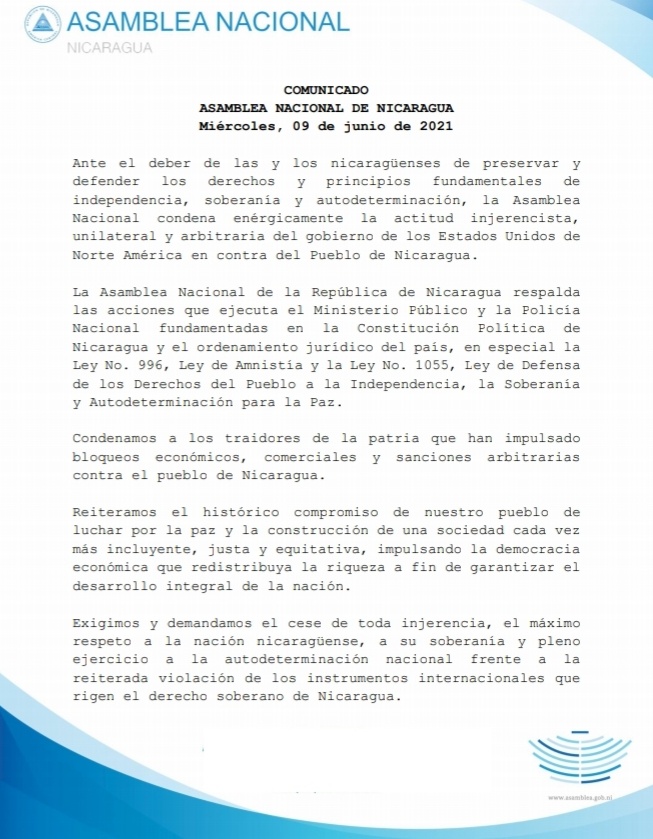 Comunicado de la Asamblea Nacional en condena a la actitud injerencista, unilateral y arbitraria de EEUU en contra del Pueblo de Nicaragua.