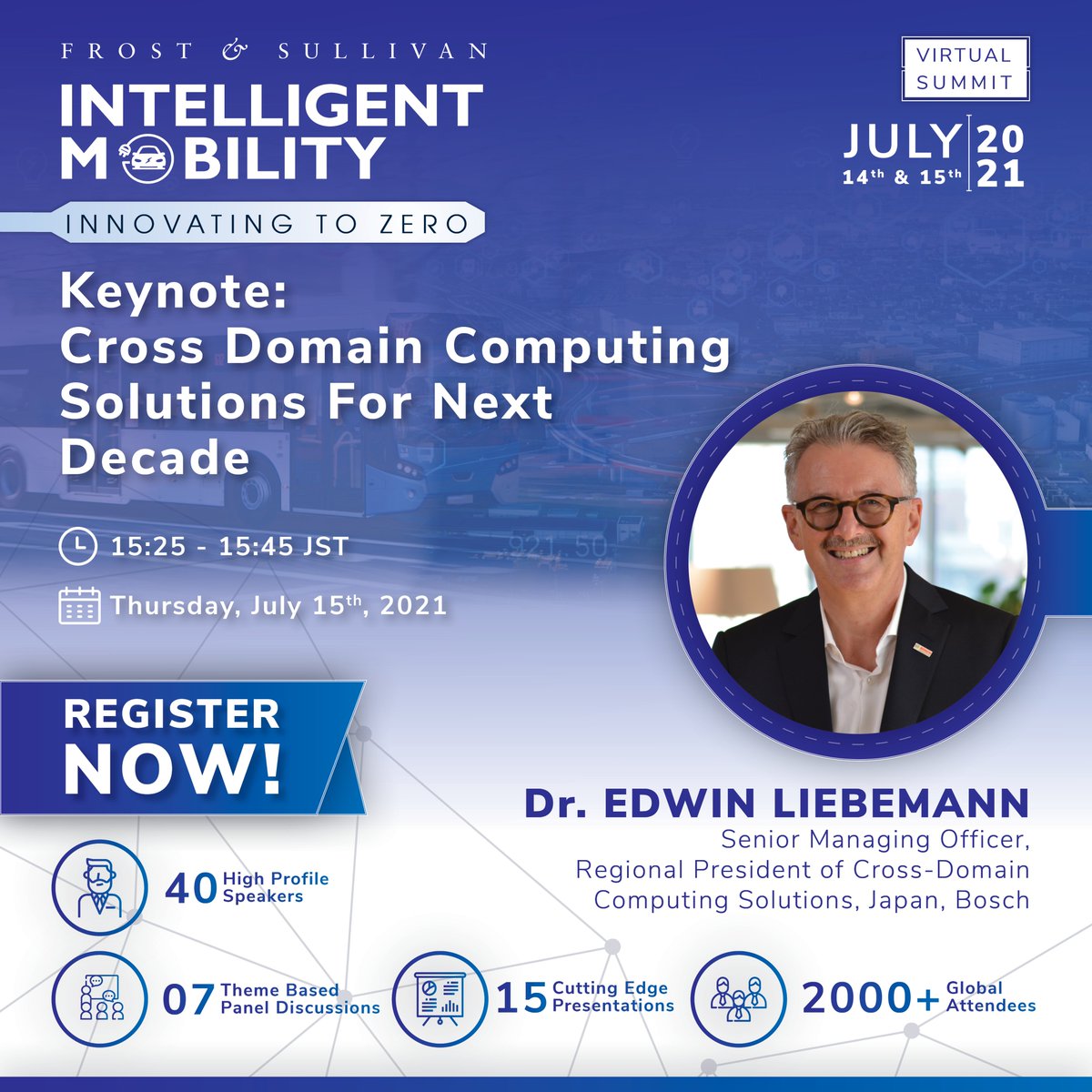 FrostSullivanAP's tweet image. [Keynote]Dr Edwin Liebemann, Senior Managing Officer, Regional President of Cross-Domain Computing Solutions, @Bosch Japan will be speaking on Cross Domain #ComputingSolutions for Next Decade at #FSIntelligentMobility! Join him on 15 July, 15:25-15:45 JST: frost.ly/5t0