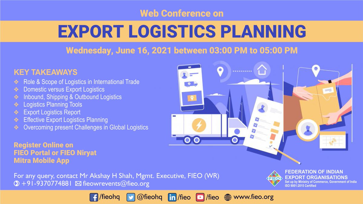 Join FIEO's VC o­n Export Logistics Planning on June 16, 2021 to deliberate on how you can design effective logistics planning to withstand the global competition in present challenging environment based o­n the available resources at their disposal.

More&gt;bit.ly/3glxbv6