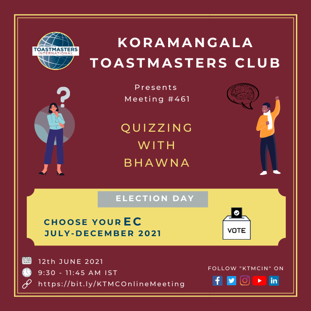 ktmcin's tweet photo. Join us this Saturday with TMOD TM Bhawna in a Quizzing event.  Along with this be sure to vote for the upcoming EC Selection

Meeting Details:
Time: 09:30 AM to 11:45 AM IST
Date: Saturday, 12th June 2021
Link: https://t.co/HBctQC55Km
Zoom Meeting Id: 860 3428 7123 https://t.co/ohJH91Ka58