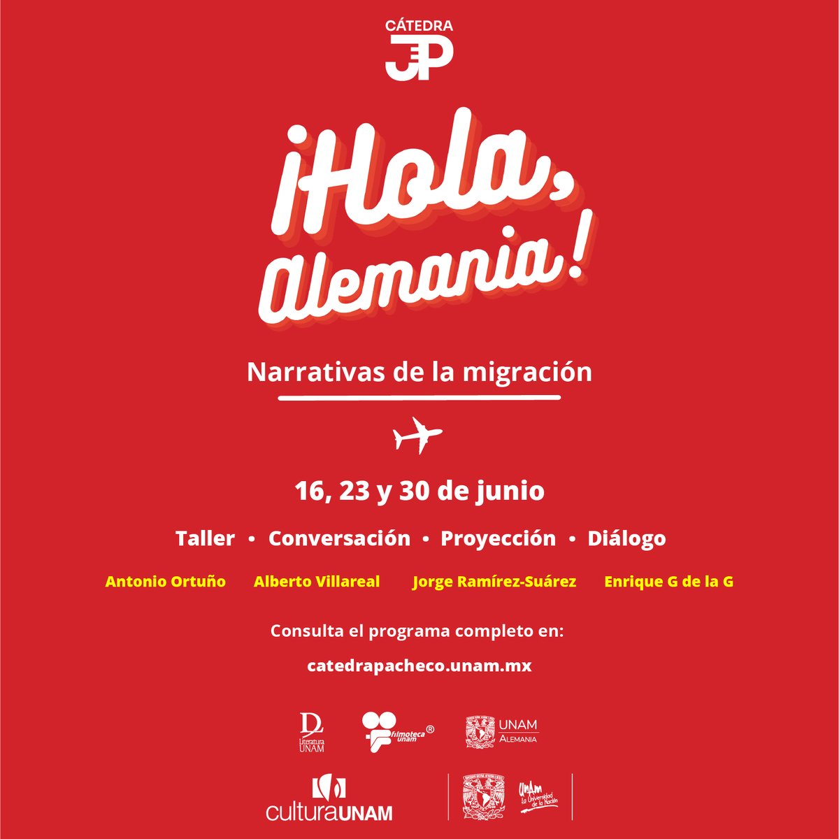 PRÓXIMA PARADA ✈️  ¡Hola, Alemania! 

🇩🇪 Narrativas de la migración con Antonio Ortuño, Alberto Villarreal, Jorge Ramírez-Suárez y Enrique G de la G. 

@AntonioOrtugno
<a href="/AlbertoVill/">Alberto Villarreal</a>
<a href="/ramsua/">Jorge Ramirez-Suarez</a>
<a href="/enriquegdelag/">Enrique G de la G</a>  

#CátedraPacheco  y <a href="/UNAMAlemania/">UNAM-Alemania</a>