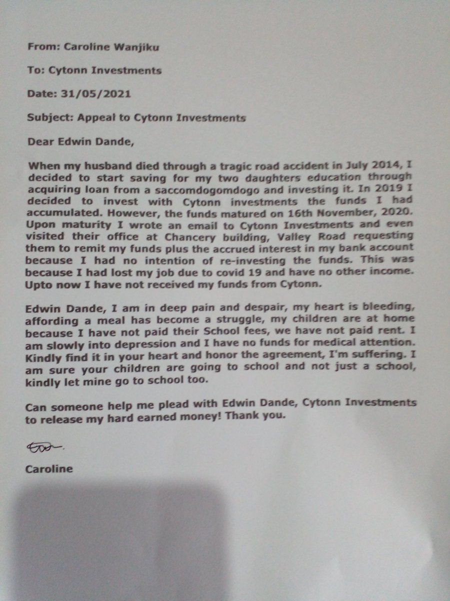 Caroline2772014's tweet photo. @njorogep kindly help me recover my funds at Cytonn investments. I'm suffering. Kindly. https://t.co/A8rW9e6htM