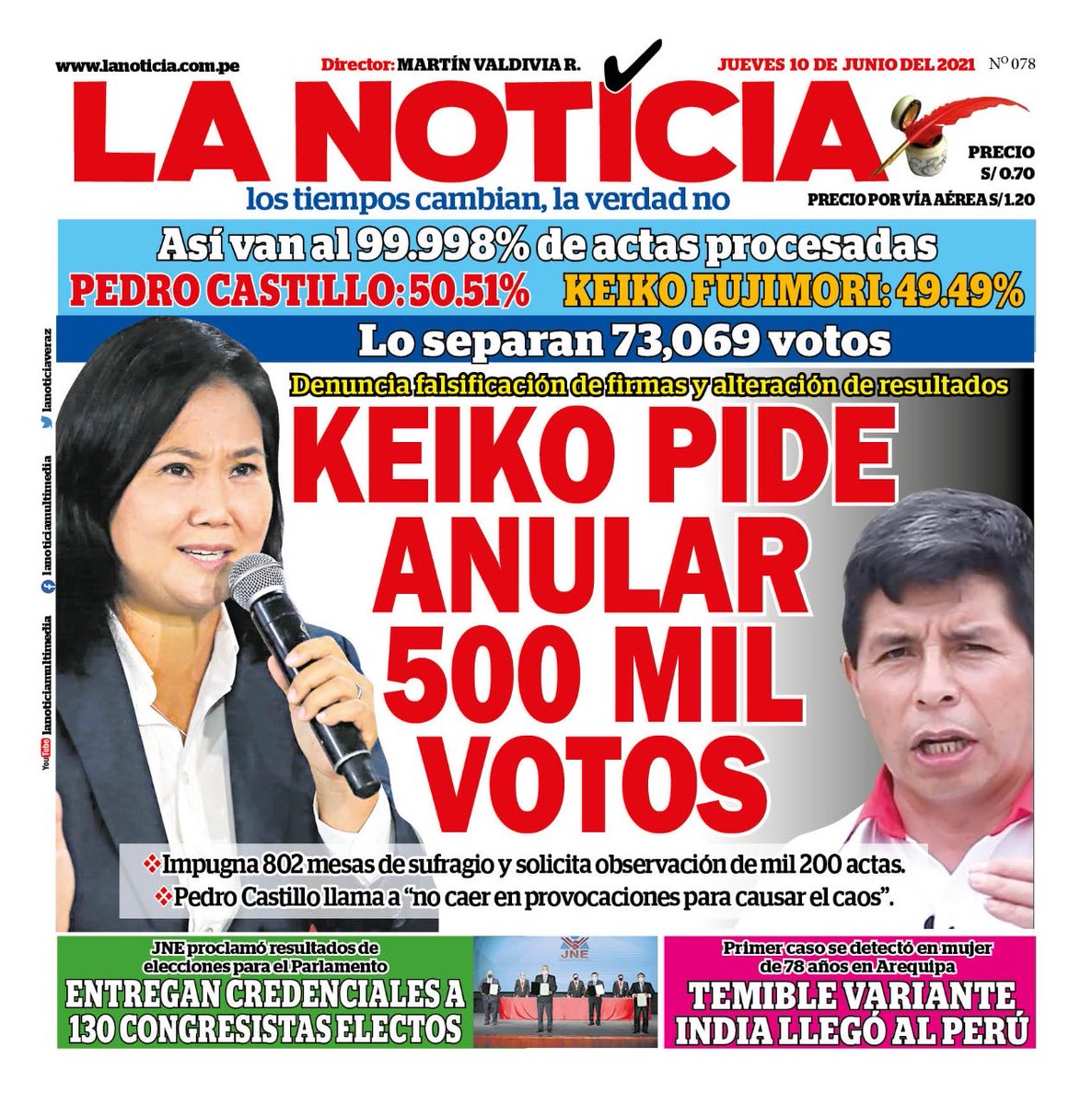 martingvaldivia's tweet photo. El país se encuentra polarizado y los días que vienen serán de gran importación para determinar al ganador de las elecciones. ⁦Les comparto la portada de hoy ⁦@PBOPeru⁩ ⁦@pastorlinares⁩ ⁦@RobertoVieiraP⁩ ⁦@KikeBravoPrado⁩ https://t.co/pgRWBpgQxP
