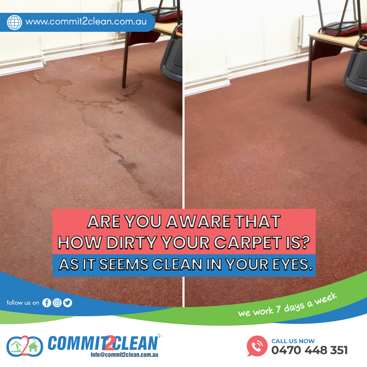 commit_2clean's tweet image. #Carpet at commercial spaces get soiled and experience the daily wear and tear. 🏢
✅ At #Commit2Clean we provide professional #CommercialCarpetCleaning services to ensure that your carpet is dirt and germ free.
☎️ Contact us: 0470 448 351
👉 Visit: commit2clean.com.au