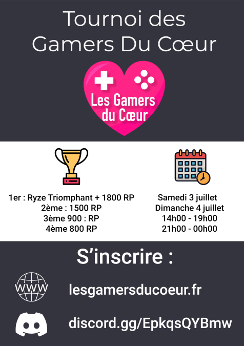 gamers_coeur's tweet photo. Salut à toutes et à tous, les inscriptions pour le tournoi sont ouvertes.
Rendez-vous sur discord pour y procéder :
https://t.co/GmHTrWk1Kn
Le tournoi se déroulera les 3 et 4 Juillet.
On vous y attend nombreux https://t.co/EGLWG7hpvz