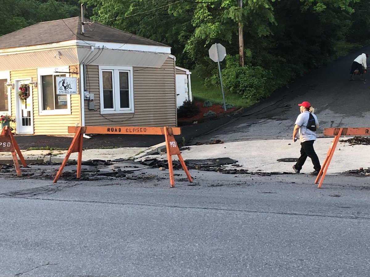 SarahBuynovsky's tweet photo. Washed out roadway in Pottsville after flash flooding @WNEP @WNEPWeather https://t.co/ywNi1vrOJH