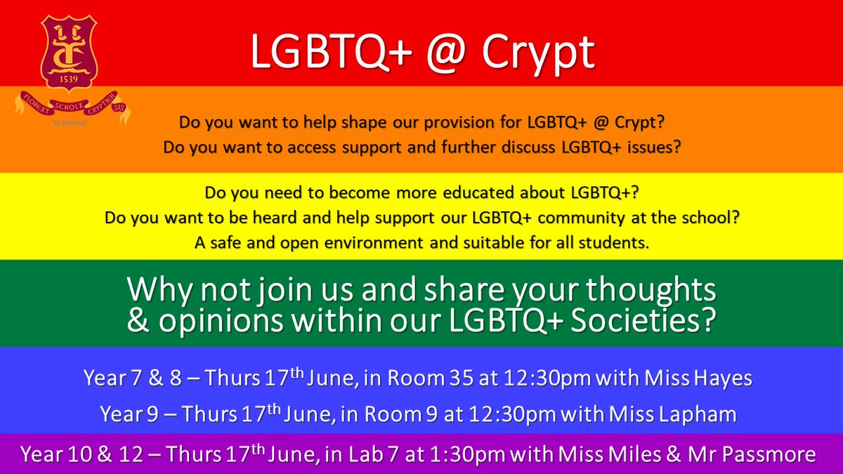 TheCryptSchool's tweet photo. We're celebrating #PrideMonth2021 at school in June! Students should feel safe, accepted, respected, and welcome at school! #LGBTQ+ #CryptSupport https://t.co/dIPsGbbHo2