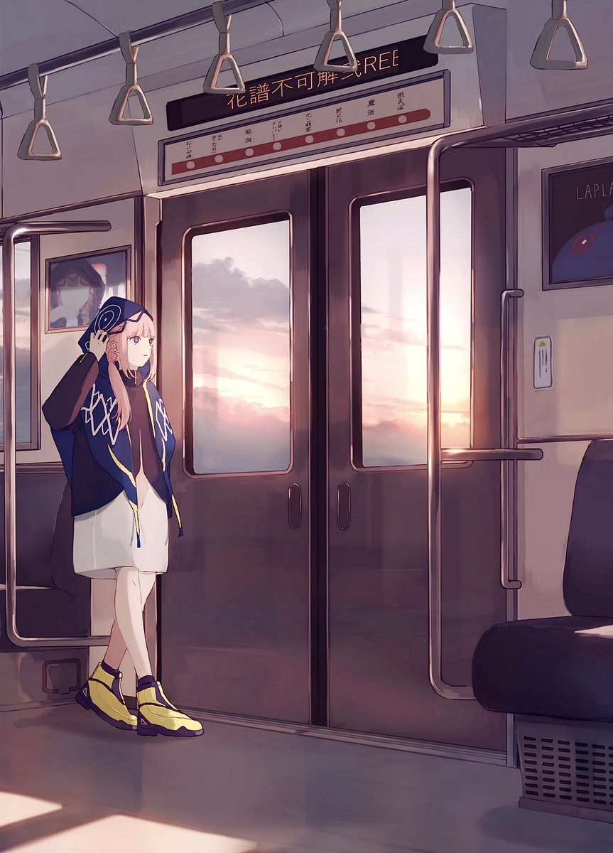 1girl train interior hood pink hair solo yellow footwear ground vehicle  illustration images