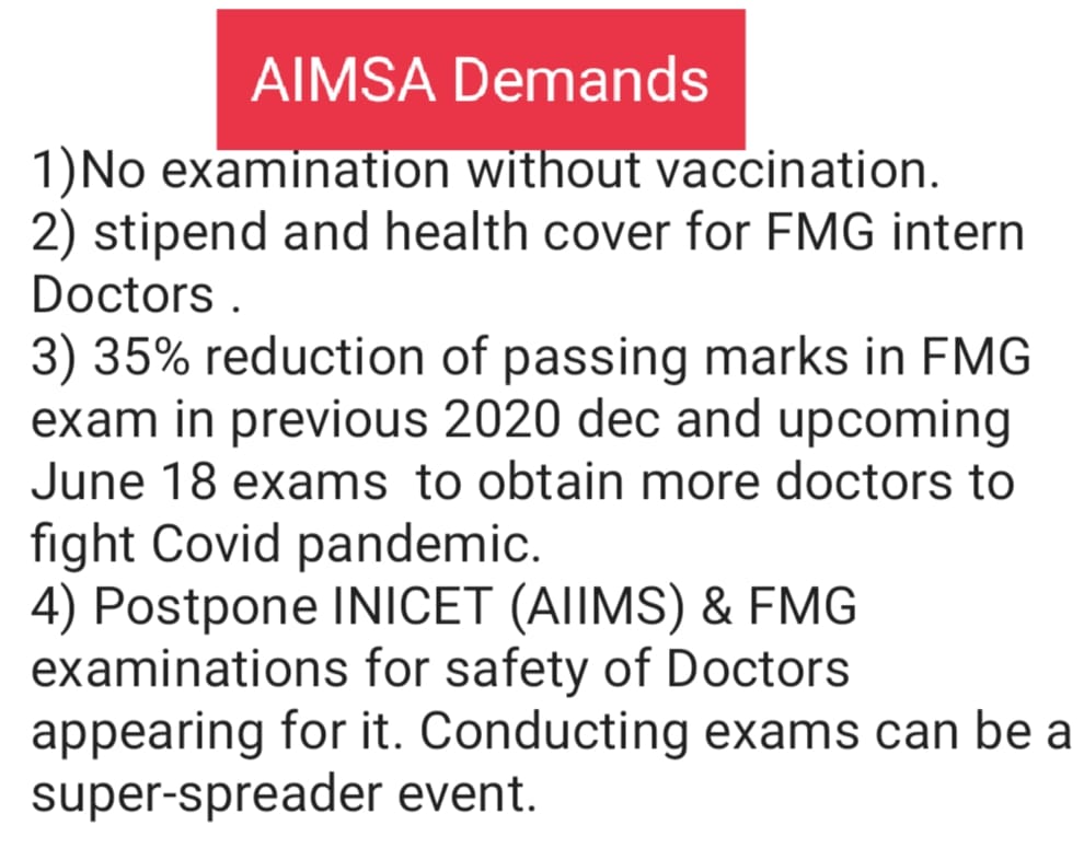 ✨AIMSA @official_aimsa always supports 🩺 Doctors💉
Urging @PMOIndia @narendramodi @aiims_newdelhi @MoHFW_INDIA @NMC_IND @NBE_DNB to postpone exams & prevent spread of Covid-19 infection.
#PostponeINICETSaveDoctors -dated 16june
#postponeFMGE -dated 18june