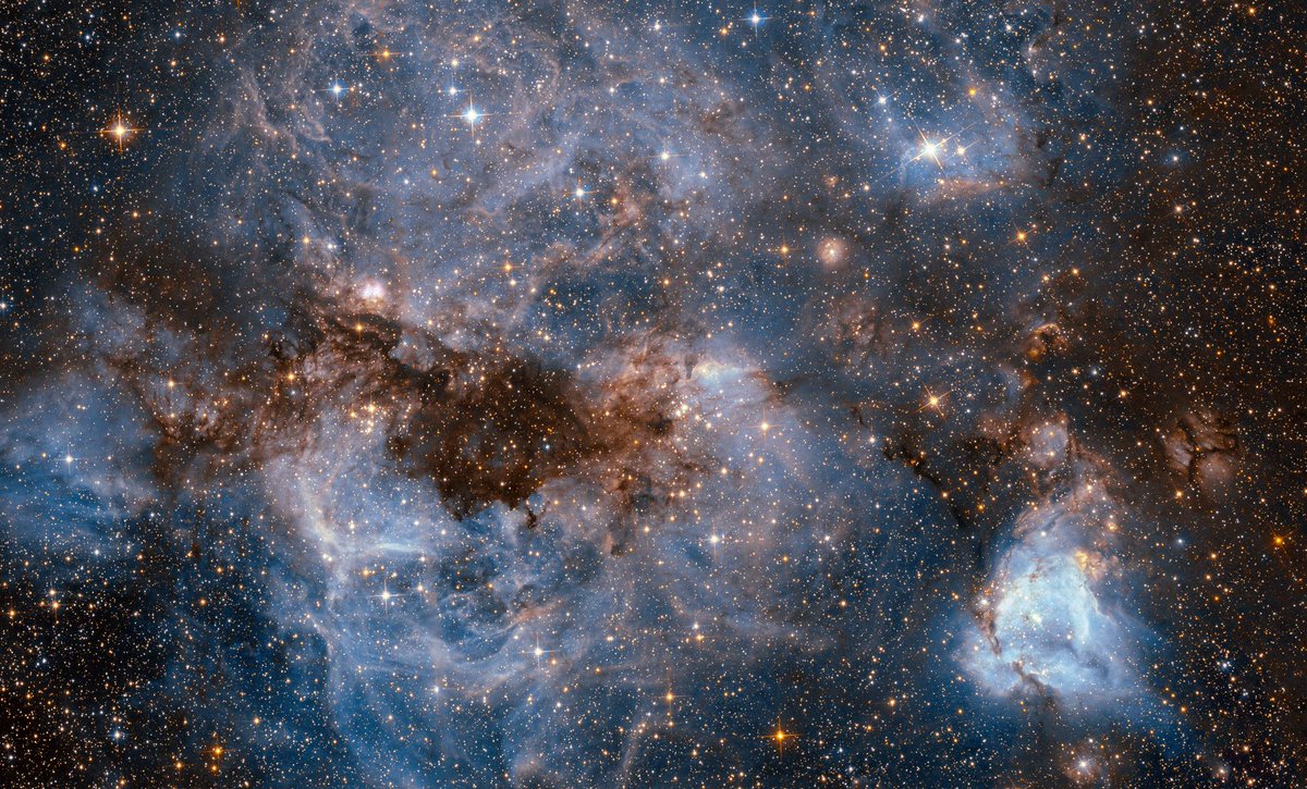 Este pintoresco paisaje es N159, una región de formación de estrellas. Mide unos 150 años-luz y, a pesar de lo que podríamos pensar, no está en nuestra galaxia. Se encuentra en la Gran Nube de Magallanes, a 180 000 años-luz. Crédito: NASA/ESA/Hubble #FelizJueves