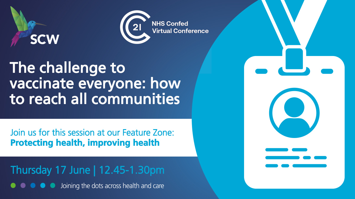 NHSscw's tweet photo. In one week we will host a panel discussion called 'The challenge to vaccinate everyone: how to reach all communities.' Join Faye Robinson, Kirsty Ball @RachVyas, @Lisa_McNally1, @Nisha24465922 @NHSConfed at 12.45 pm. 

Book now https://t.co/KTBfQ3IY9h #NHSreset #NHSConfed21 #ICS https://t.co/N1c2xkRdfg