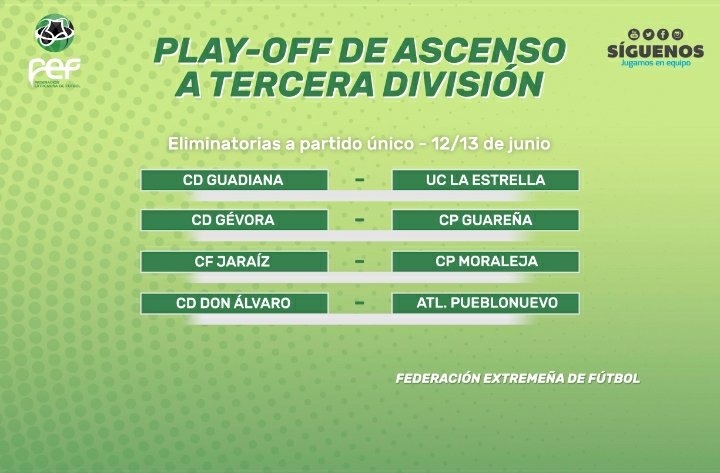 LGrupo14's tweet photo. Play off ascenso a @LGrupo14 
8 equipos, por un puesto.
Cuartos de final a partido único.
@CD_Guadiana_ -@UCLaEstrella 
@CdGevora -@CPGuarena
@cfjaraiz -@moralejacp 
@CD_DonAlvaro -@AtcoPueblonuevo 
Via:@FedExFutbol 
Falta conocer horarios y campos,se jugará este fin de semana. https://t.co/GSjjlhr9YV