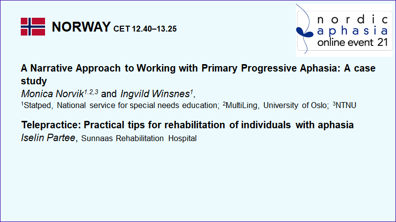 afasirehab's tweet photo. Next up at #NordicAphasia: Norway. @MonicaIKK &amp; #IngvildWinsnes @Statped &amp; #IselinPartee @Sunnaassykehus. Both talks present clinical experiences. From #Statped a case study describing a narrative approach in #PPA. From #Sunnaas practical tips on #TeleRehabilitation in #Aphasia. https://t.co/SkE21qHPRo