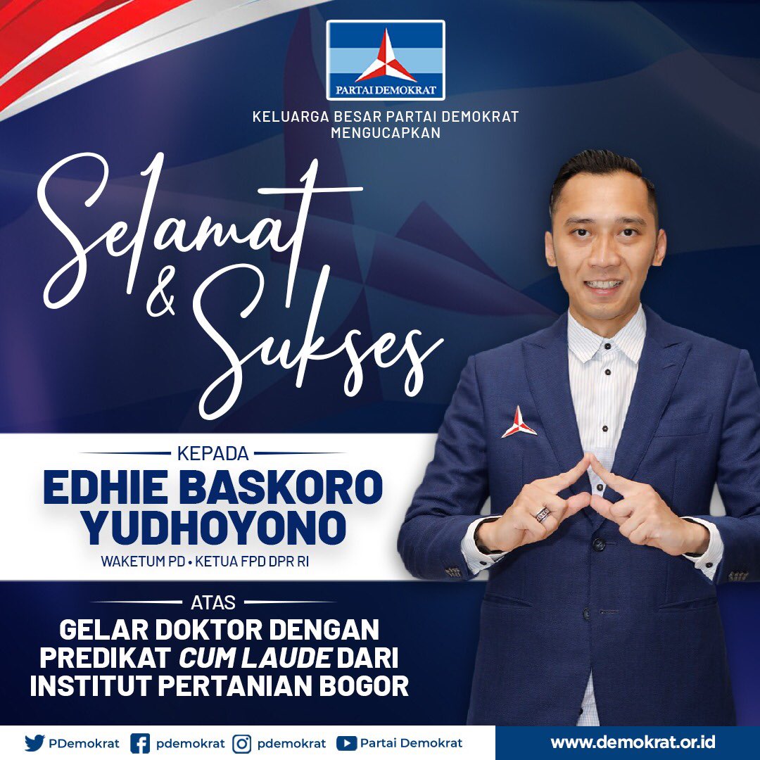 Salute atas pencapaian tertinggi gelar akademis Mas <a href="/Edhie_Baskoro/">| iBas Yudhoyono |</a> ini. Gelar BSc dr Curtin University, Aus, dan MSc. dari Rajaratnam, Nanyang Sg tak membuatnya berpuas diri. Pendidikannya ia sempurnakan dg meraih Doktor di bidang Ilmu Manajemen &amp; Bisnis IPB dg predikat Cumlaude