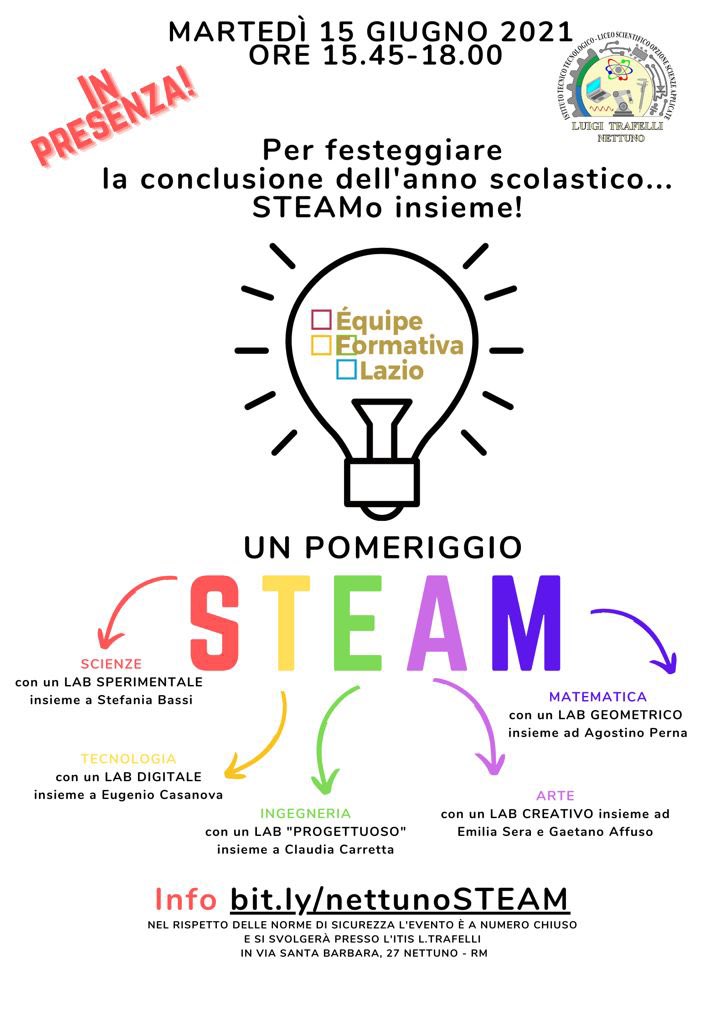Dopo tantissimi incontri a distanza...STEAMo insieme in presenza! 

Vi aspettiamo sul 🌊 mare, a Nettuno, per una micro fiera di laboratori imperdibili: tutte le info ℹ️  bit.ly/nettunoSTEAM

(nel rispetto delle norme di sicurezza, solo pochi posti disponibili)