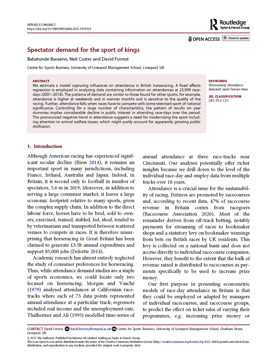 schreyerforscht's tweet photo. As we've shown in our scoping review, research modeling spectator demand for niche sports is still scarce...!

Thus, it's great to see that Buraimo and his co-authors have just published a study on #horseracing attendances.

Here's the link: https://t.co/Bzcih3BoQu! #EconTwitter https://t.co/43aa3VSh0h