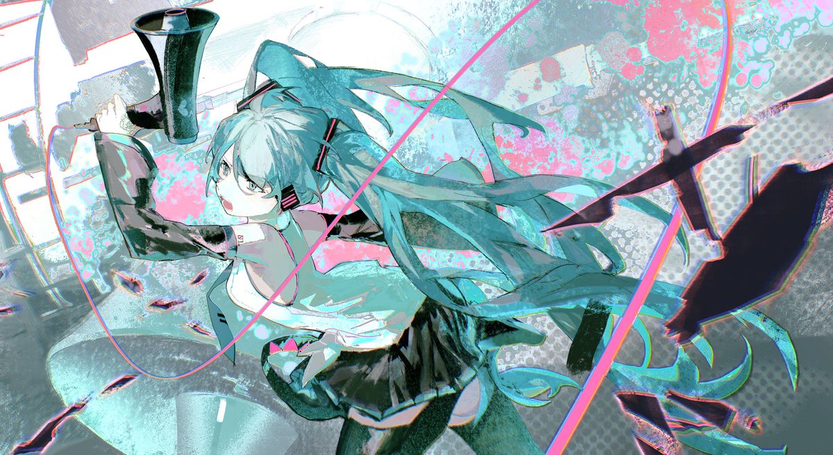 hatsune miku 1girl megaphone long hair twintails skirt detached sleeves solo  illustration images