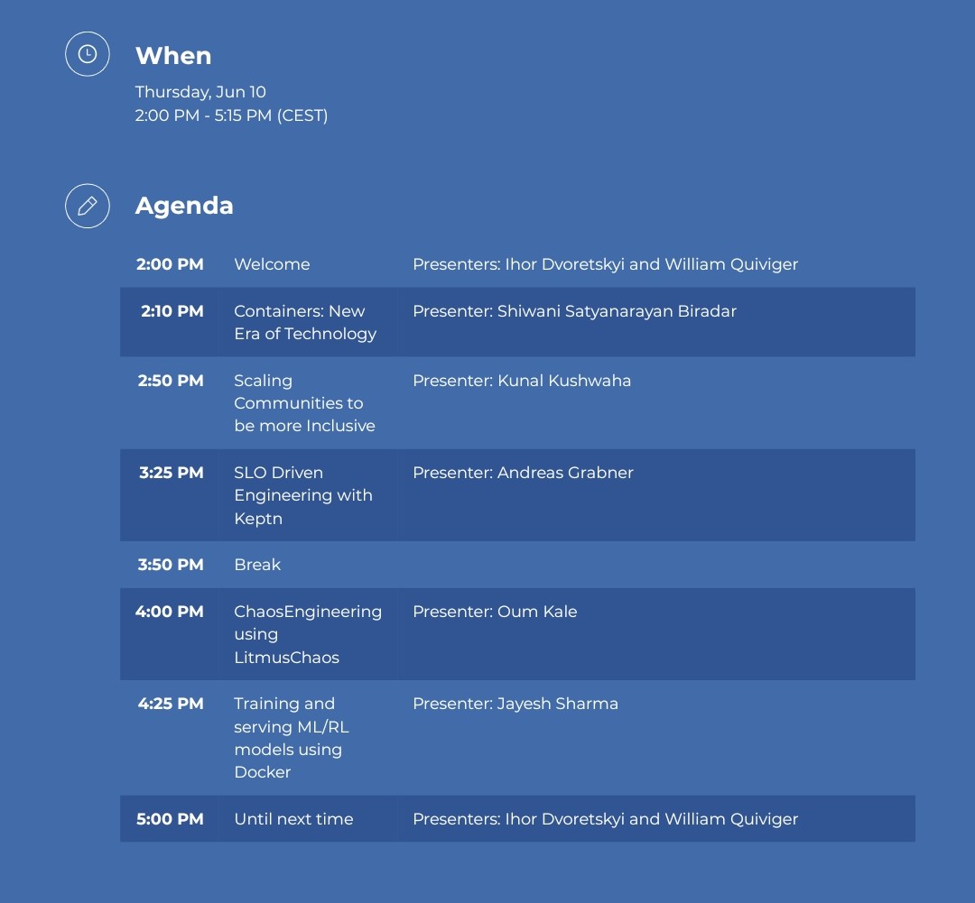 wjayesh's tweet photo. Speaking at @CloudNativeFdn and @Docker's #ContainerGarage first event today!
Catch me at 7:55 PM IST, talking about training and serving ML/RL models on #Docker!
RSVP: https://t.co/KIYppjHQjt https://t.co/T2mz3FAKpm