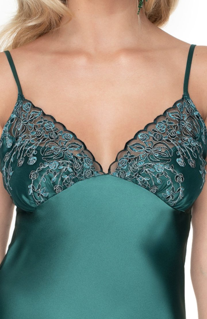 Upgrade your nightdress &amp; level up in luxurious emerald satin 🍃 #emeraldnightdress #emeraldlace #romance #elegance #rosepowderlingerie