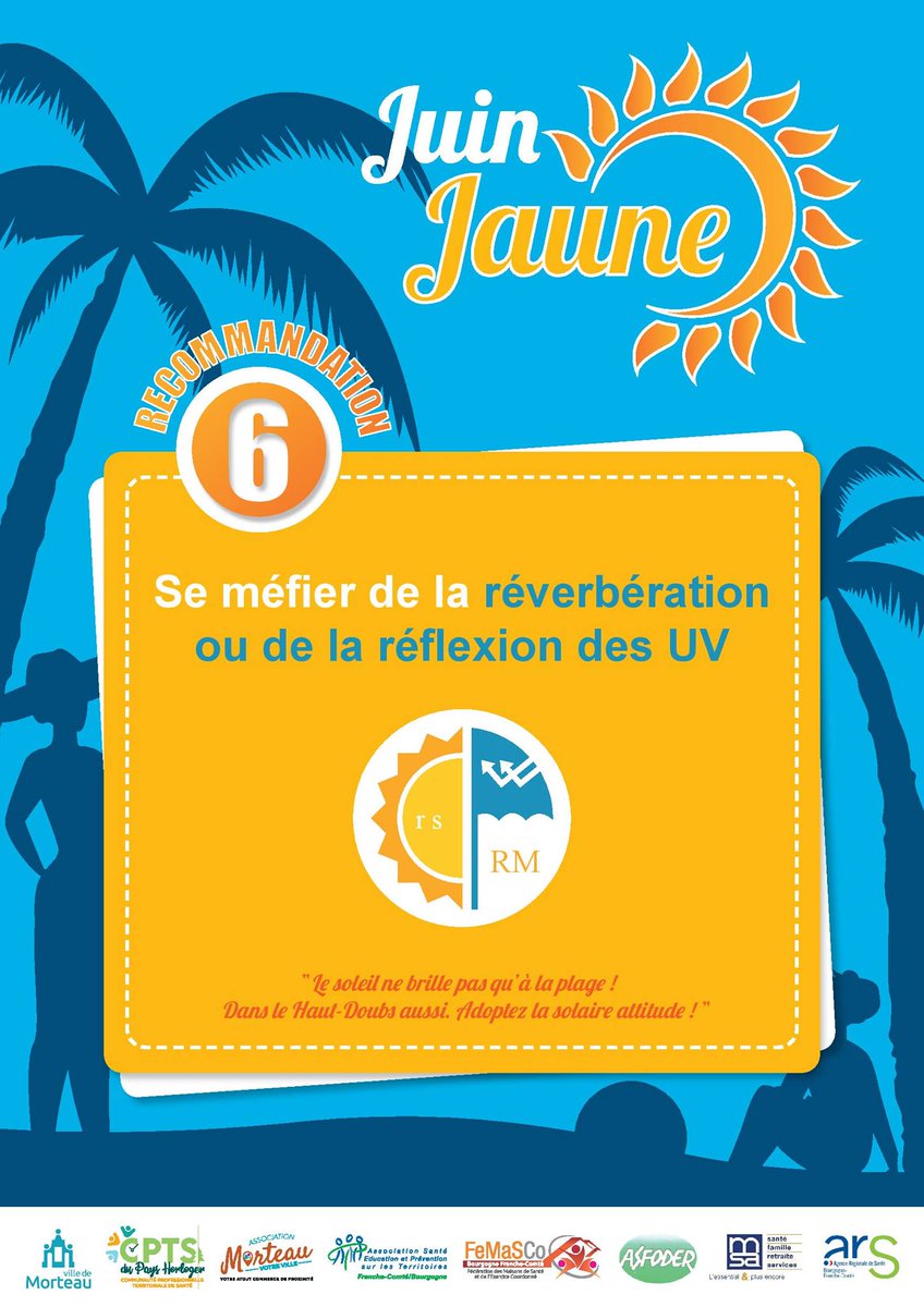 AseptFCB's tweet photo. Avec la campagne #JuinJaune, parlons aujourd'hui des UV et de leurs dangers !
Parce que même en altitude, le🌞est dangereux pour votre peau sans 🧴 et 🤠.
#PreventionSolaire https://t.co/MKy3JbpBLQ